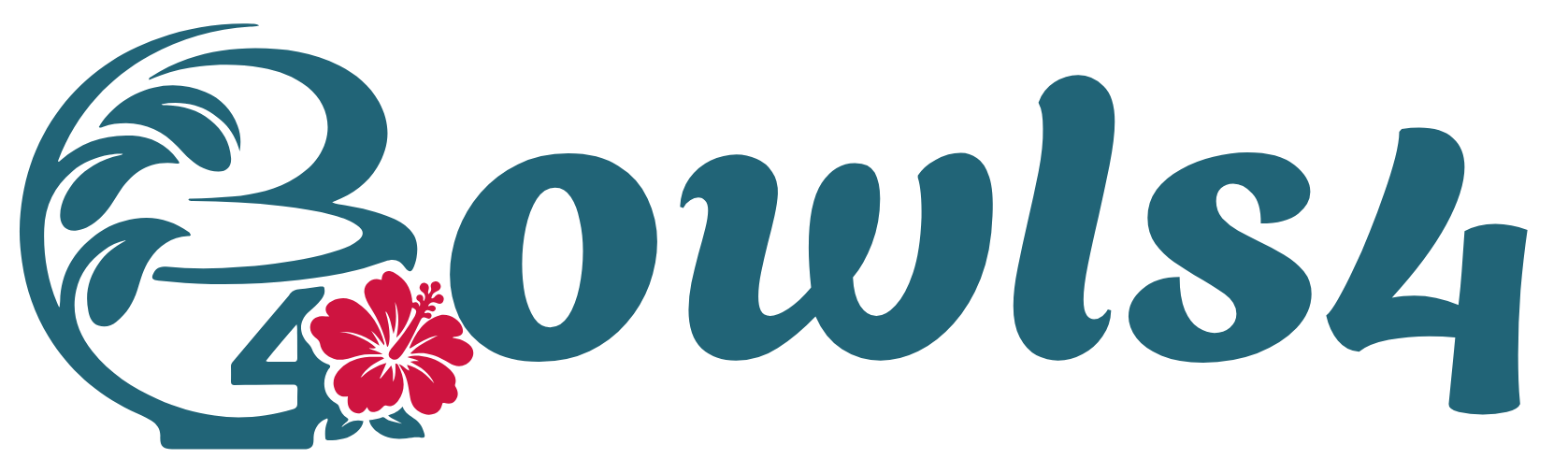 Bowls4 Logo mit geschwungener, türkisfarbener 4 im Kreis, ergänzt durch Wellenmotive und eine pinke Hibiskusblüte. Ergibt den Schriftzug Bowls4