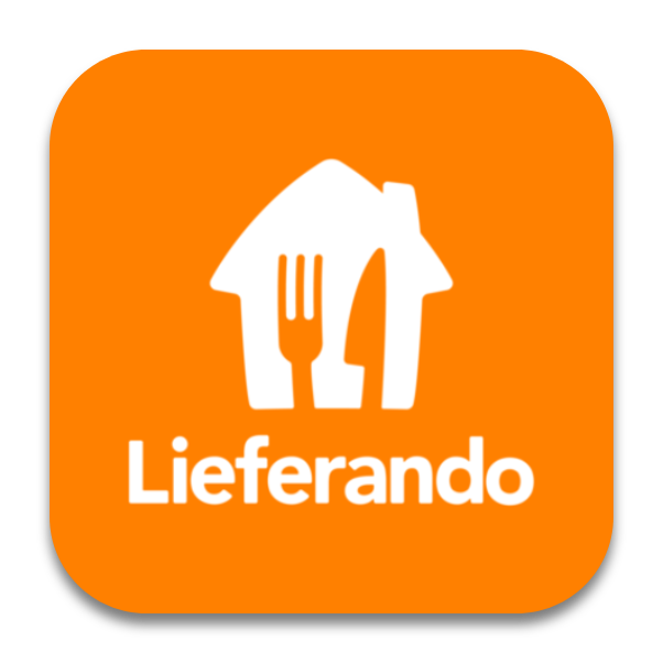 Lieferando-App-Icon mit weißem Haus-Symbol, Gabel und Messer auf orangem Hintergrund.